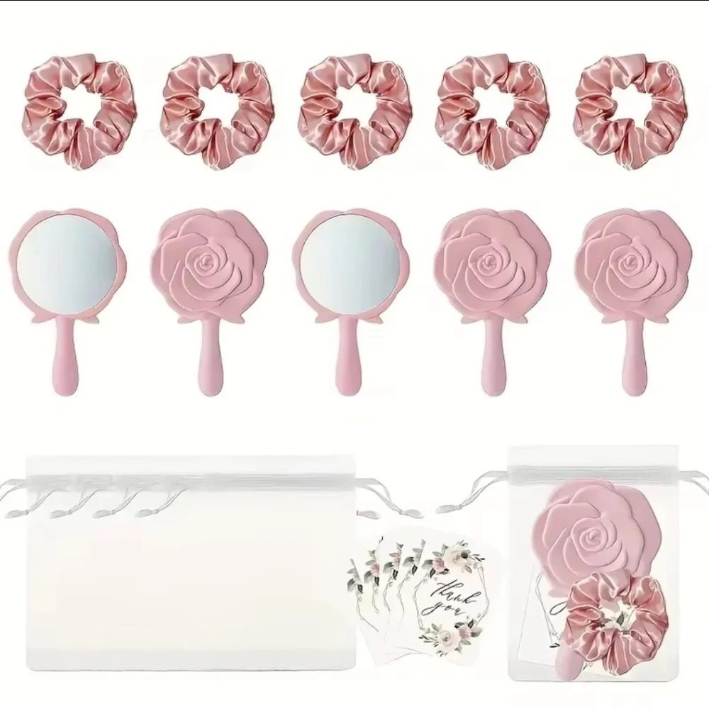 Pink Hair Scrunchies and Rose Hand Mirrors Set Of 5